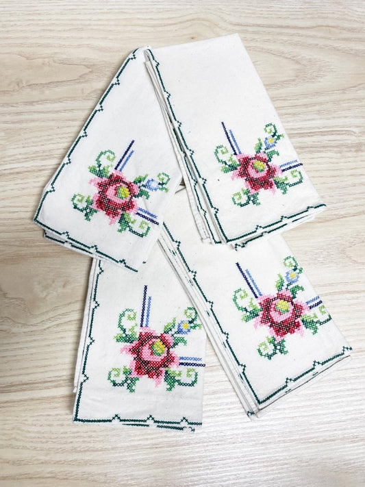 x4 vintage cross stitch flower napkins - good market thrift store