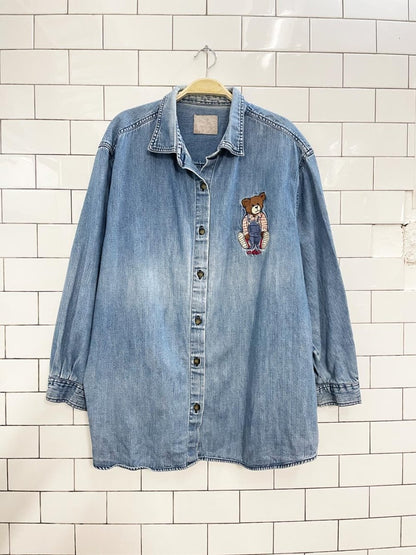 vintage 90s chic teddy bear denim shirt - good market thrift store