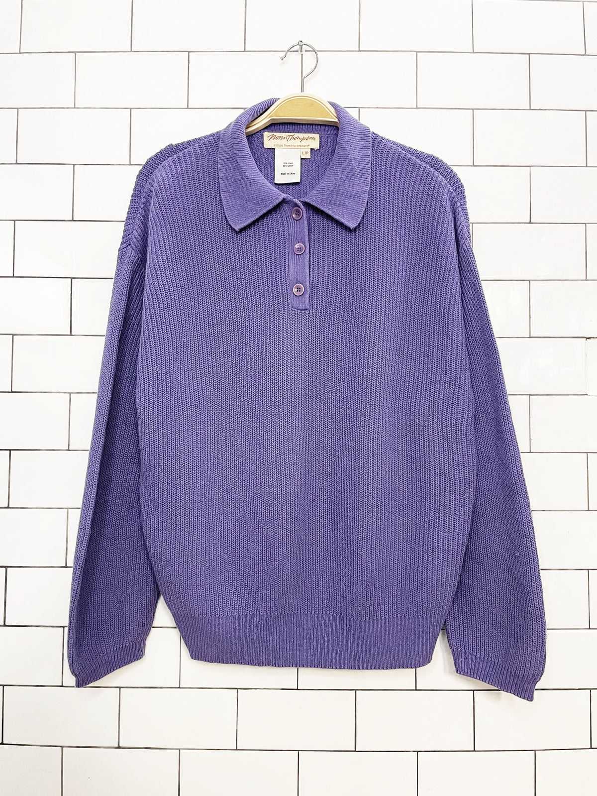 vintage norm thompson linen-blend ribbed knit 1/4 button collared sweater