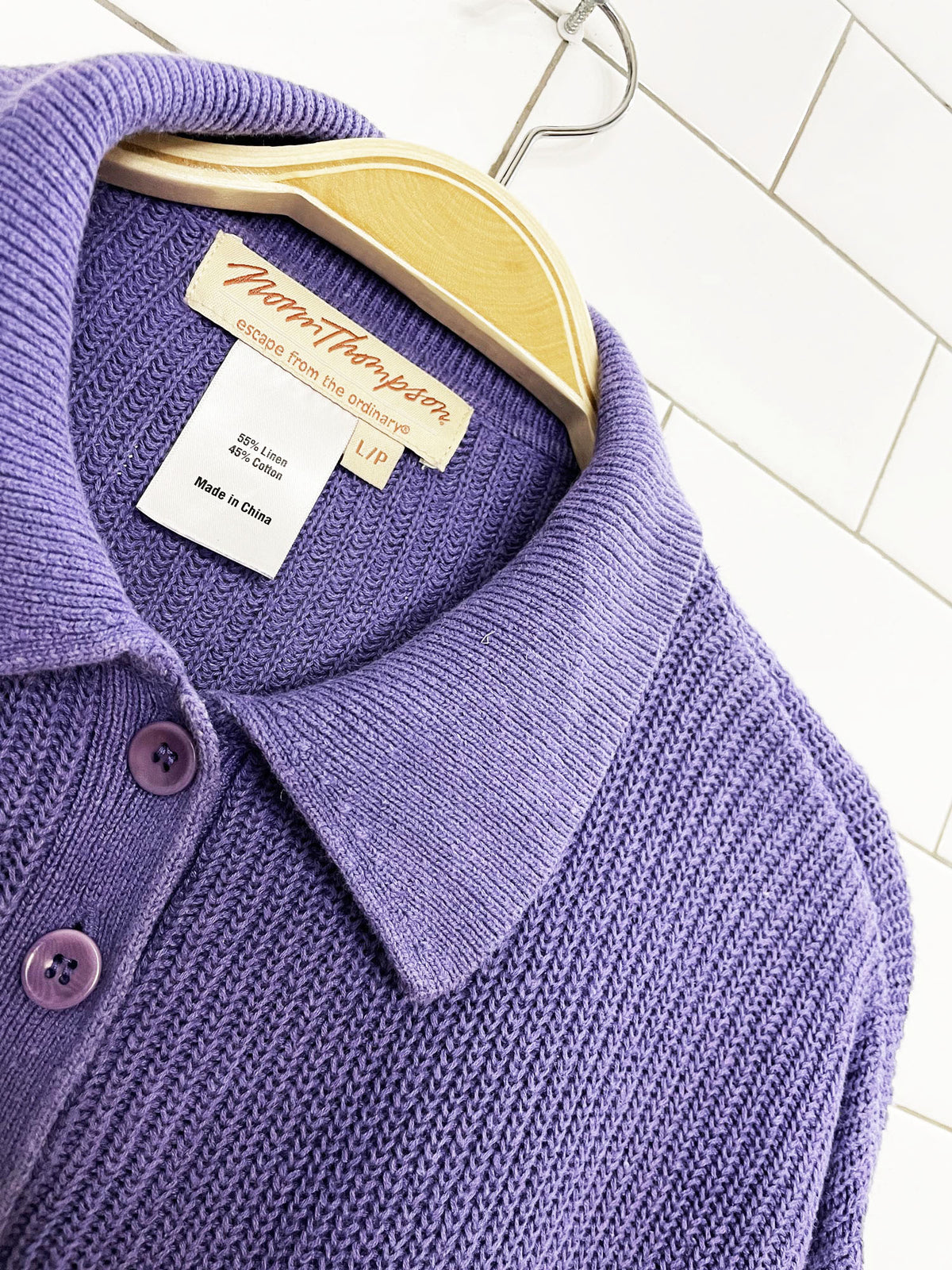 vintage norm thompson linen-blend ribbed knit 1/4 button collared sweater