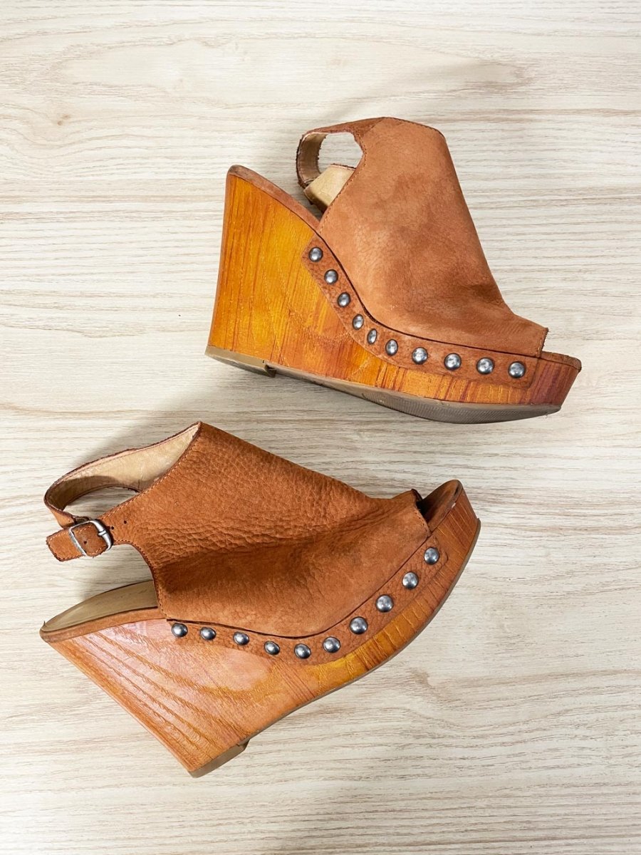 lucky brand boho studded wooden wedge leather sandals - good market thrift store