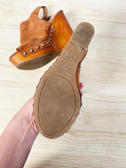 lucky brand boho studded wooden wedge leather sandals - good market thrift store