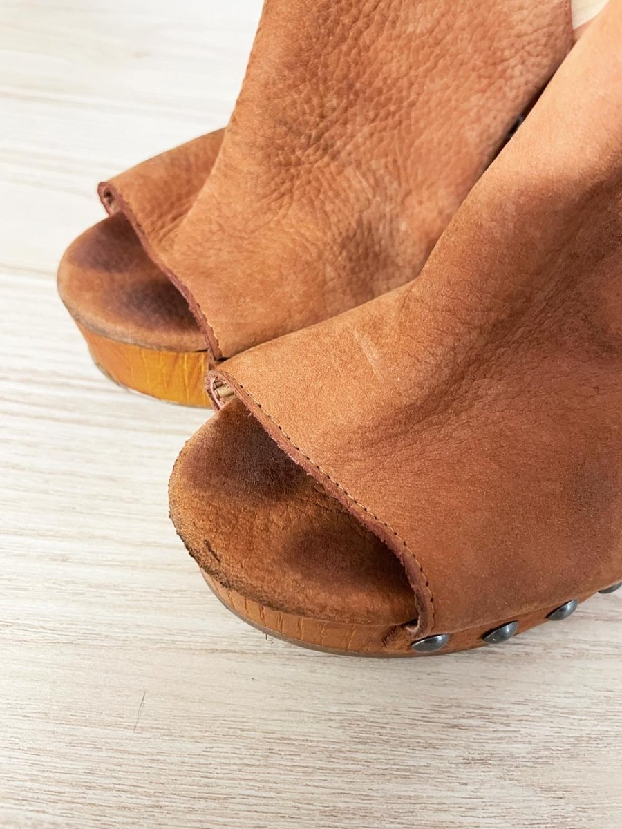 lucky brand boho studded wooden wedge leather sandals - good market thrift store