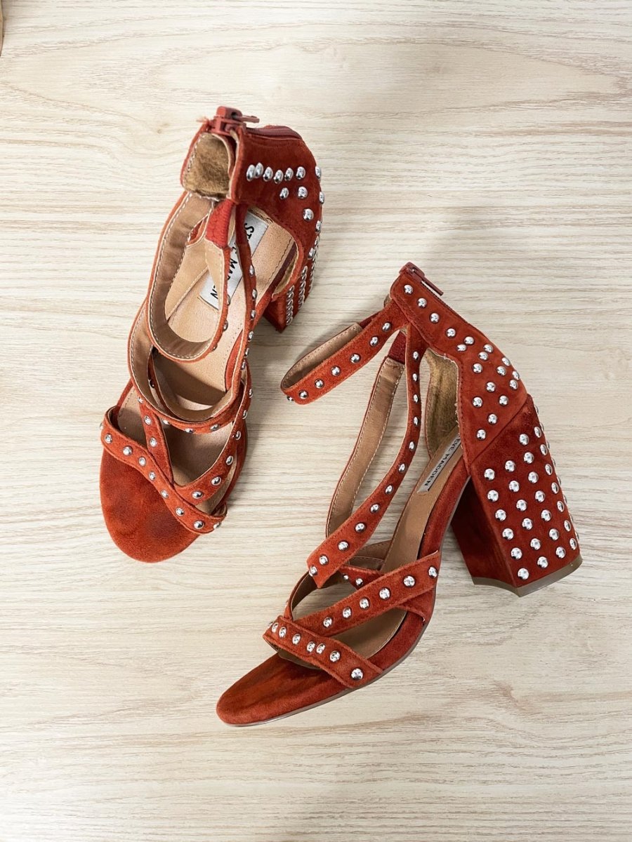 steven madden fara suede studded block heel sandal - good market thrift store