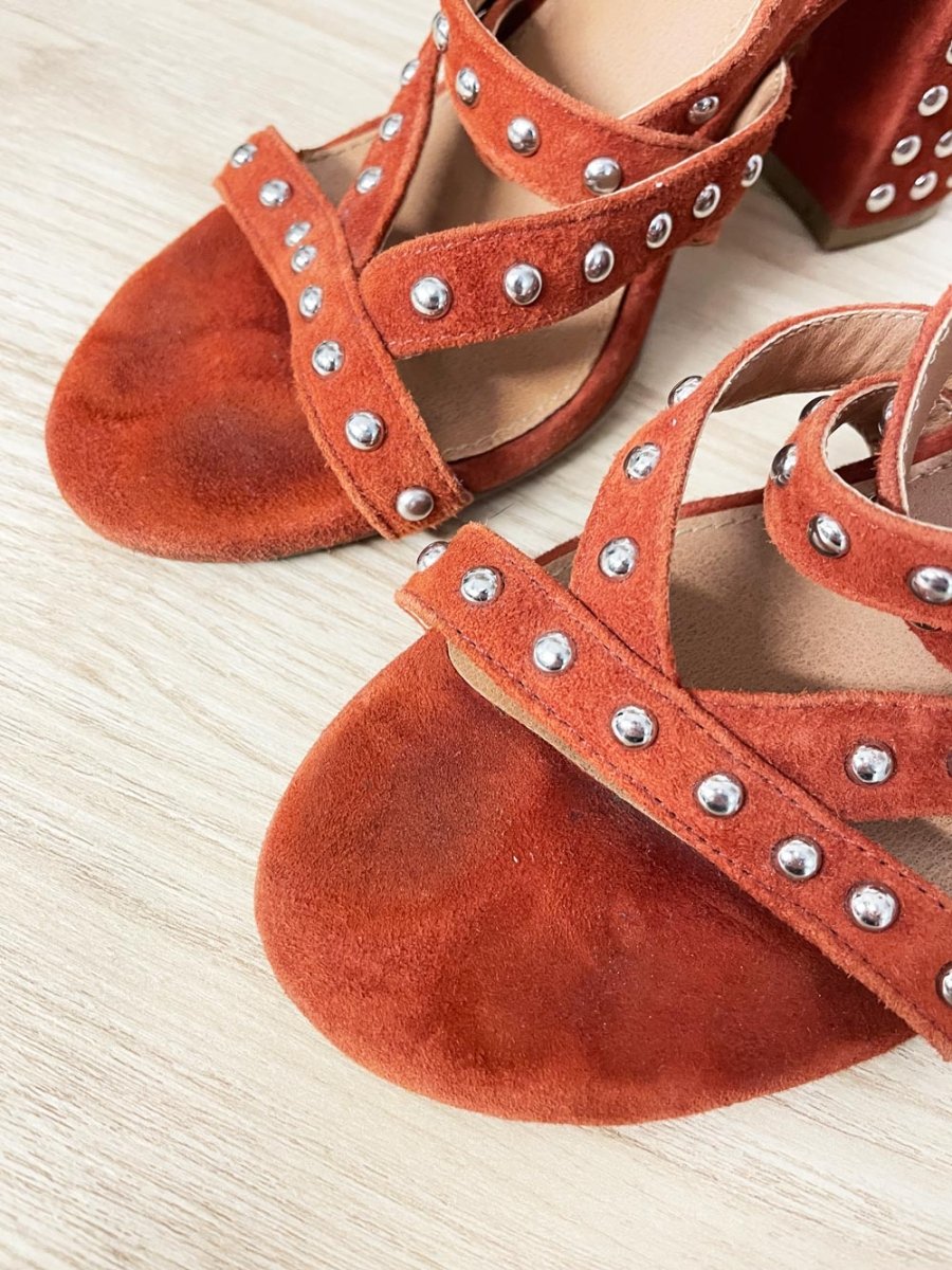 steven madden fara suede studded block heel sandal - good market thrift store