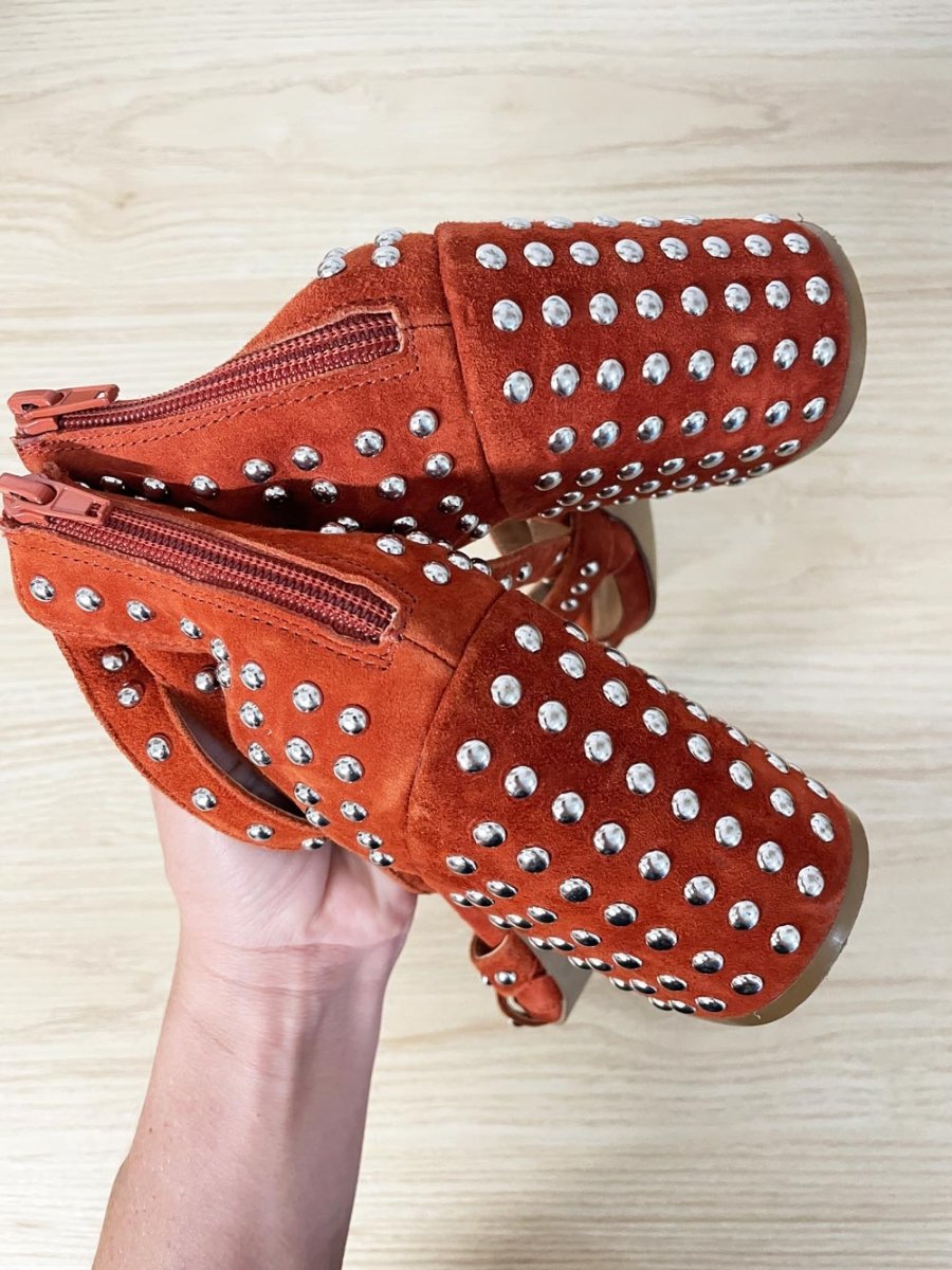 steven madden fara suede studded block heel sandal - good market thrift store