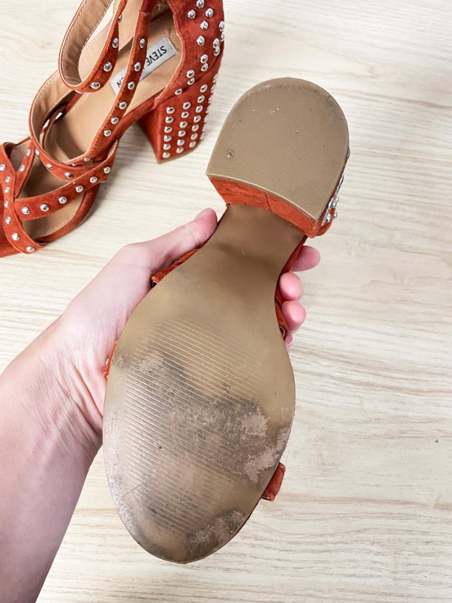 steven madden fara suede studded block heel sandal - good market thrift store