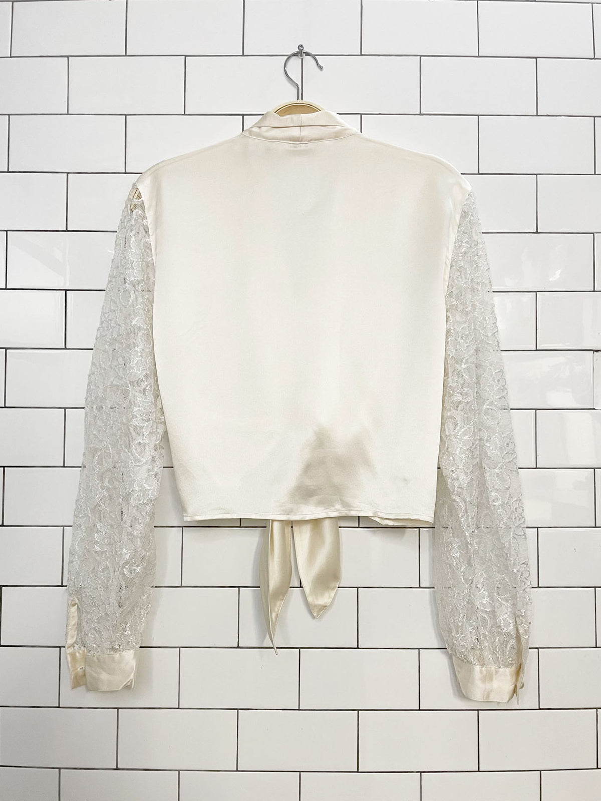 vintage brett harrison 100% silk lace sleeve tie waist blouse