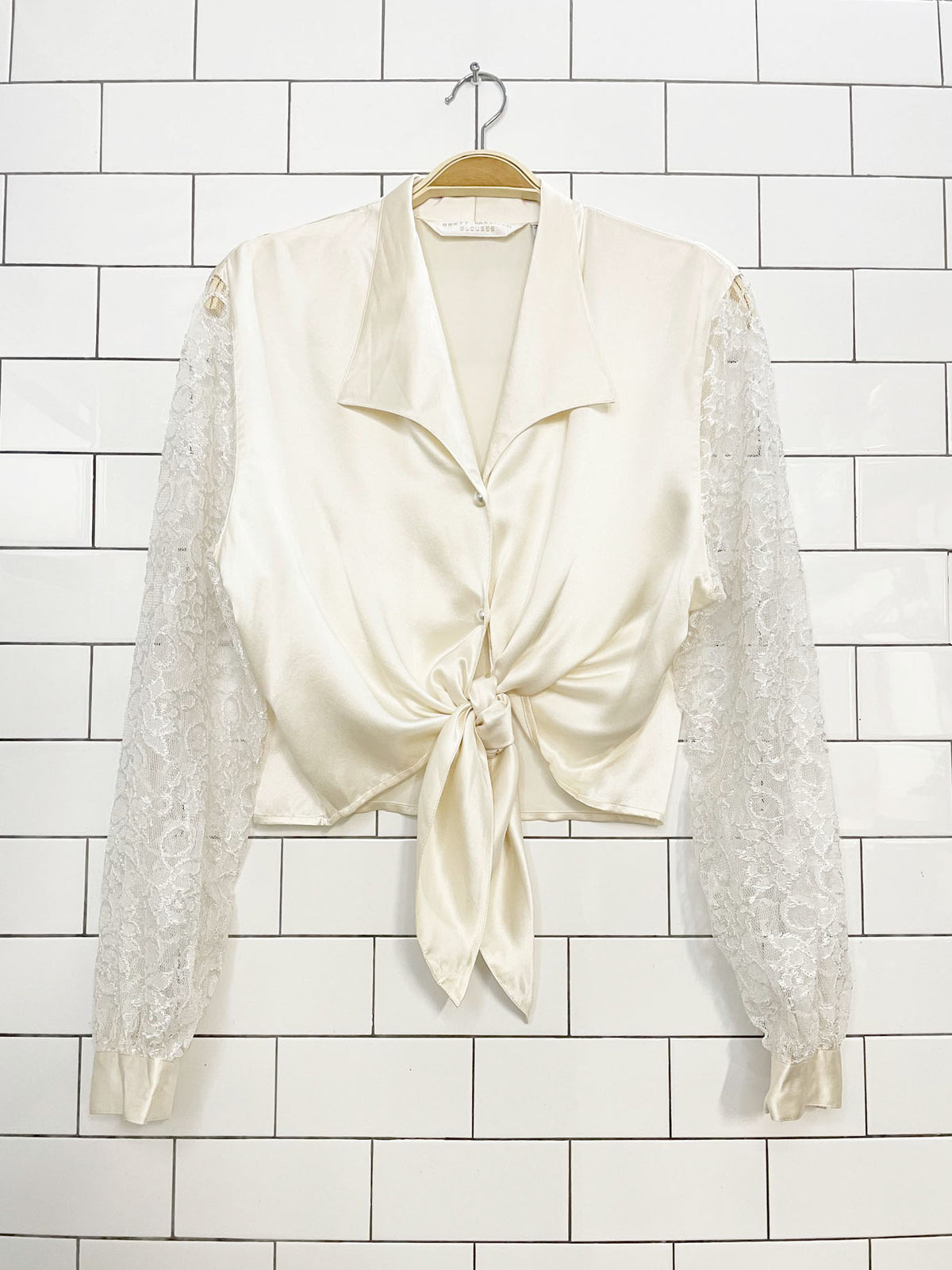 vintage brett harrison 100% silk lace sleeve tie waist blouse