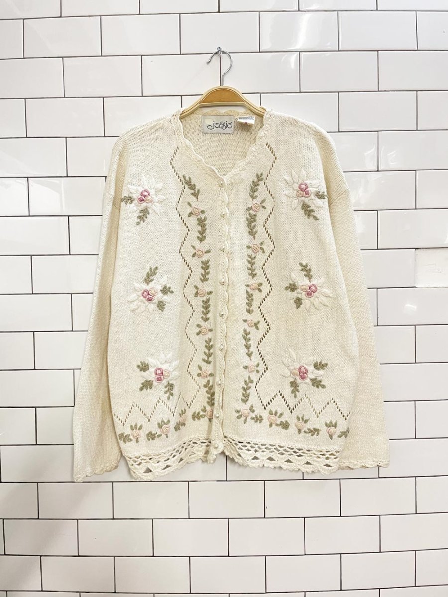 vintage 90s jessie embroidered floral knit cardigan - good market thrift store