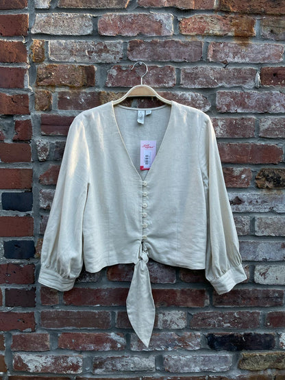 joie tie front linen-blend button down blouse