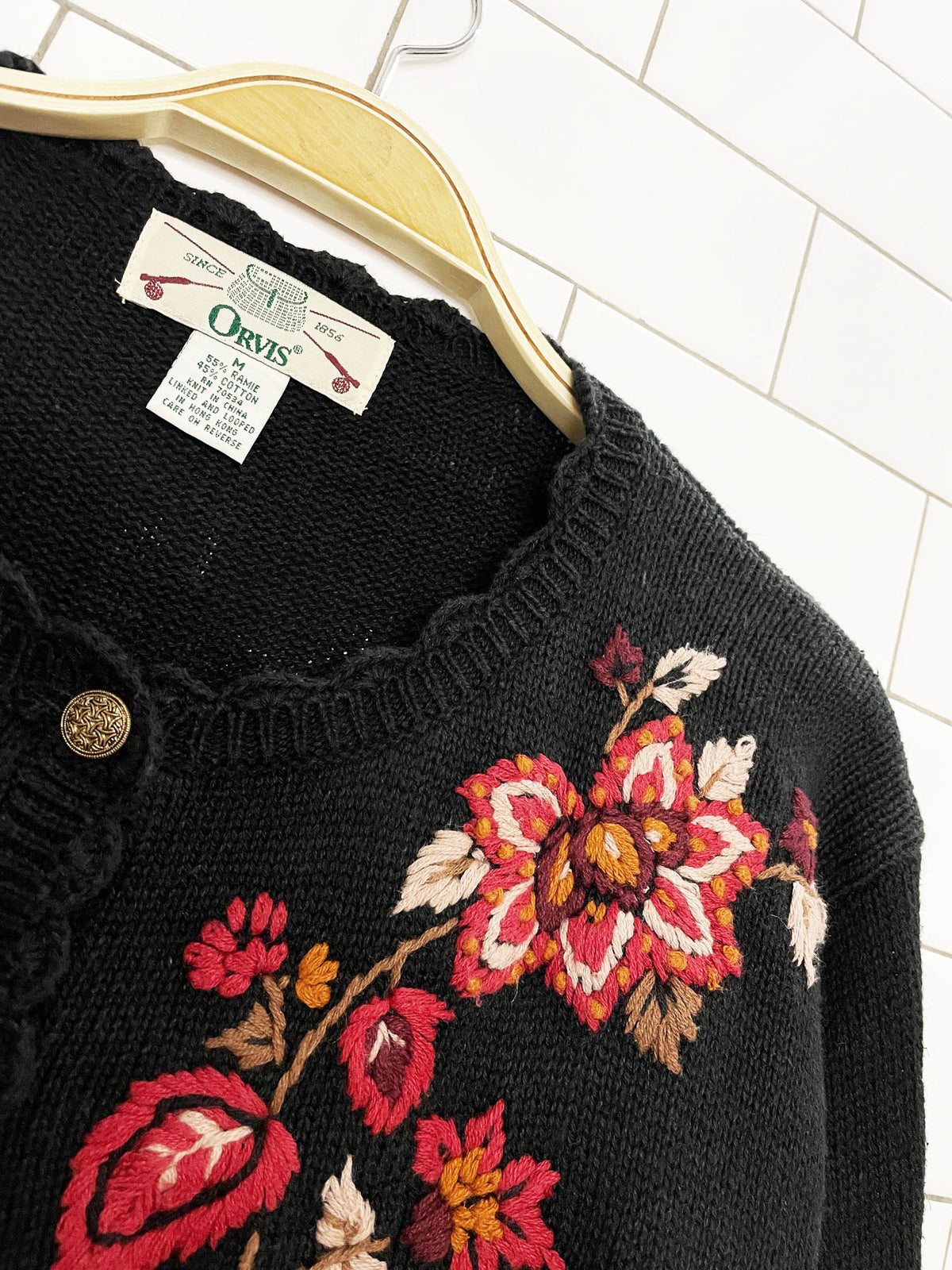 vintage 90s orvis ramie-blend knit floral embroidered cardigan