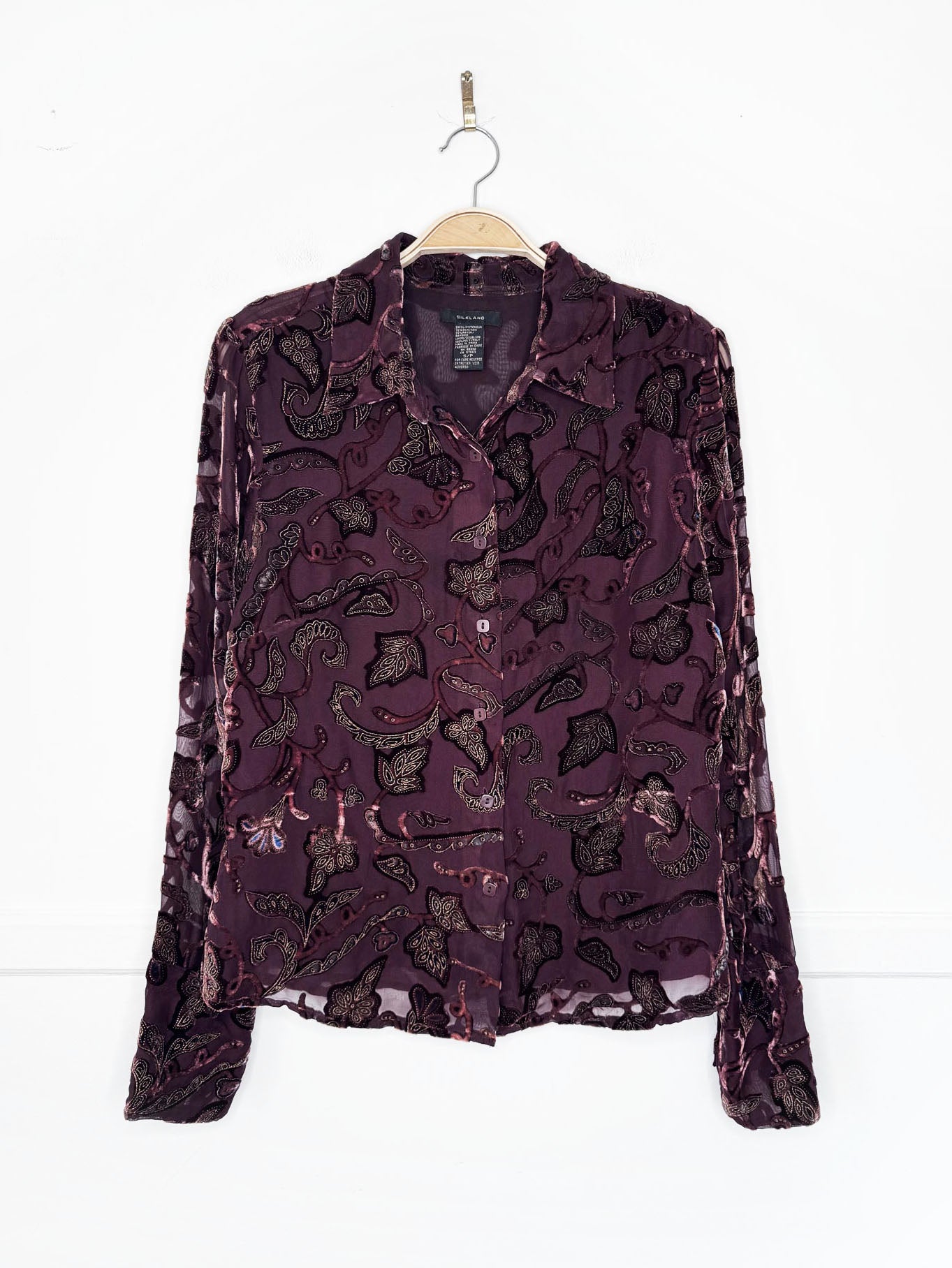 vintage 00s silkland silk-blend velvet paisley sheer full button shirt