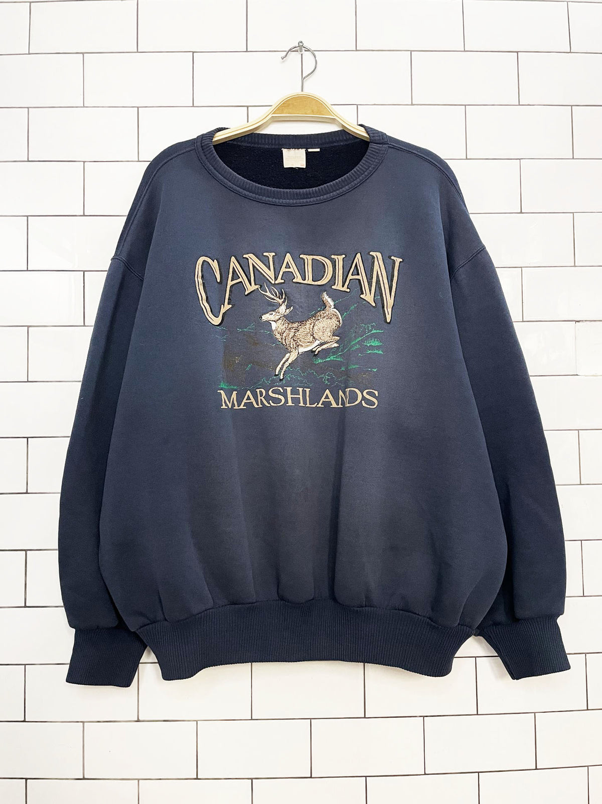 vintage canadian marshlands deer embroidered plush sweatshirt