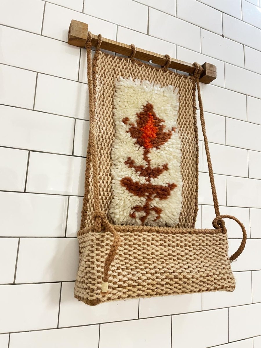 vintage 70s latch hook plant wall hanger - good market thrift store