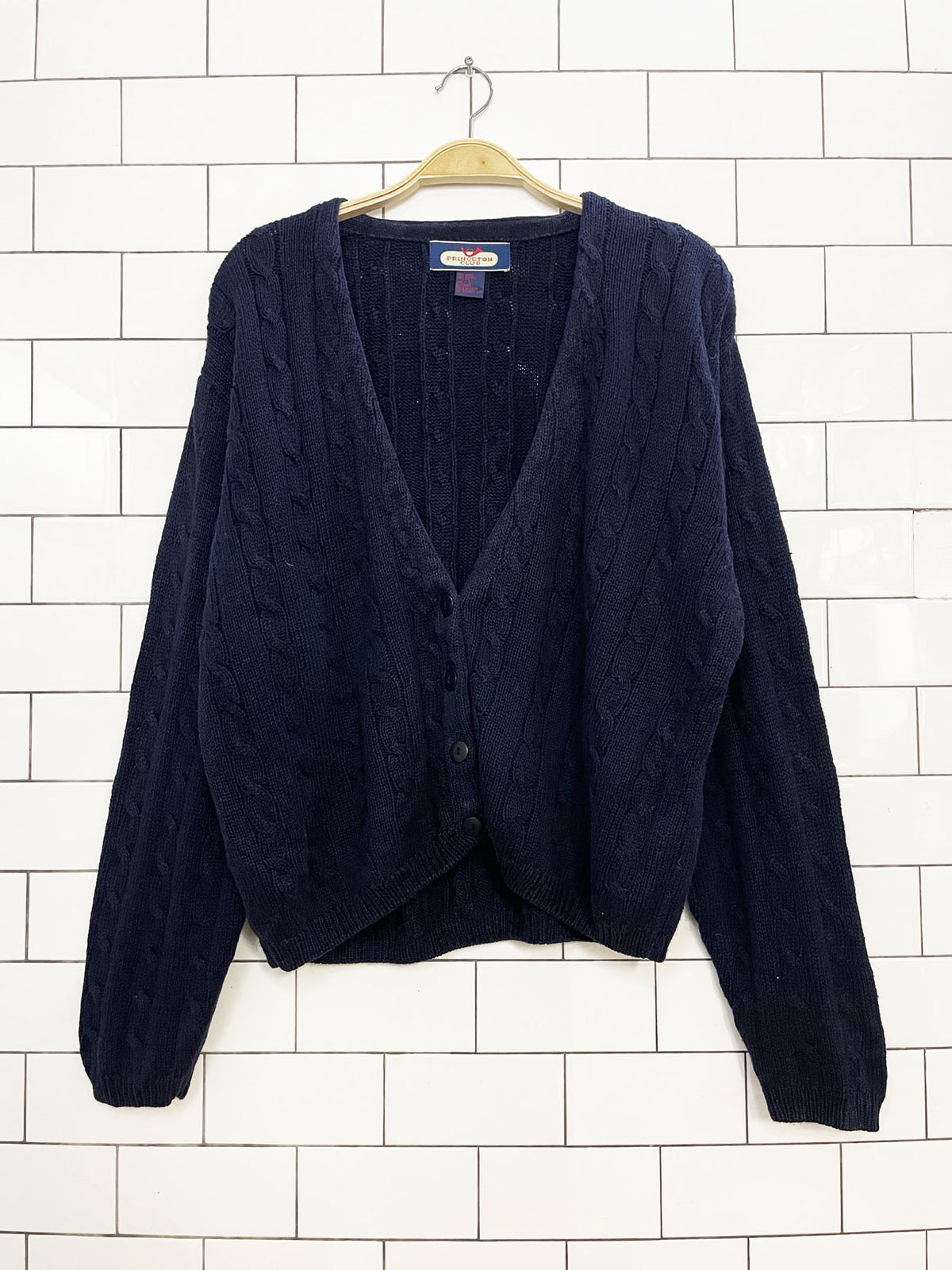 vintage princeton club ramie-blend cable knit cardigan sweater