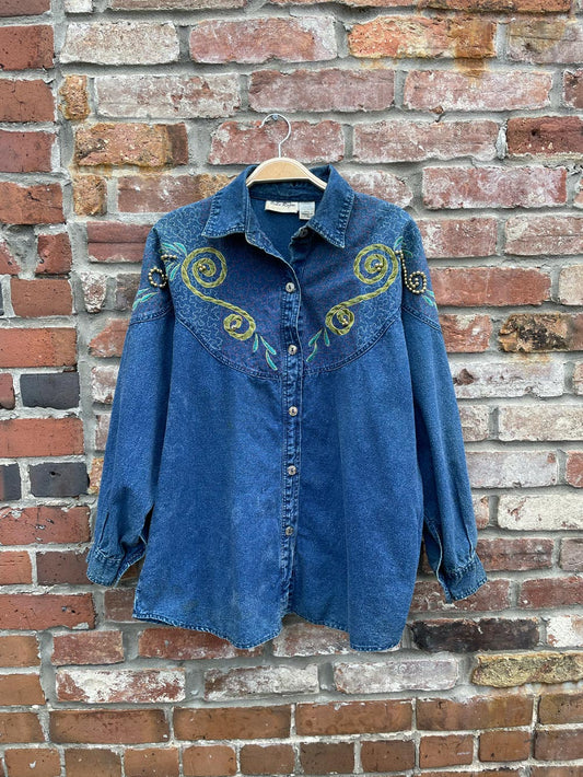 vintage ucha rajau embellished denim shirt