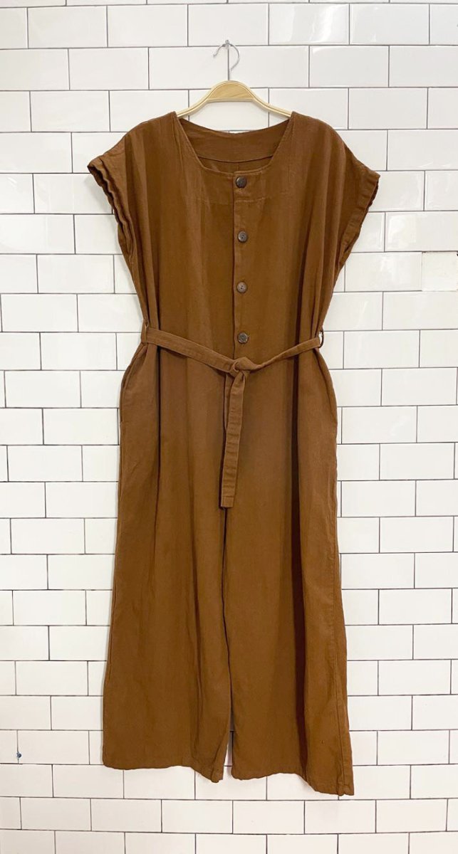 boho textured cotton belted 1/2 button wide leg jumpsuit - good market thrift store