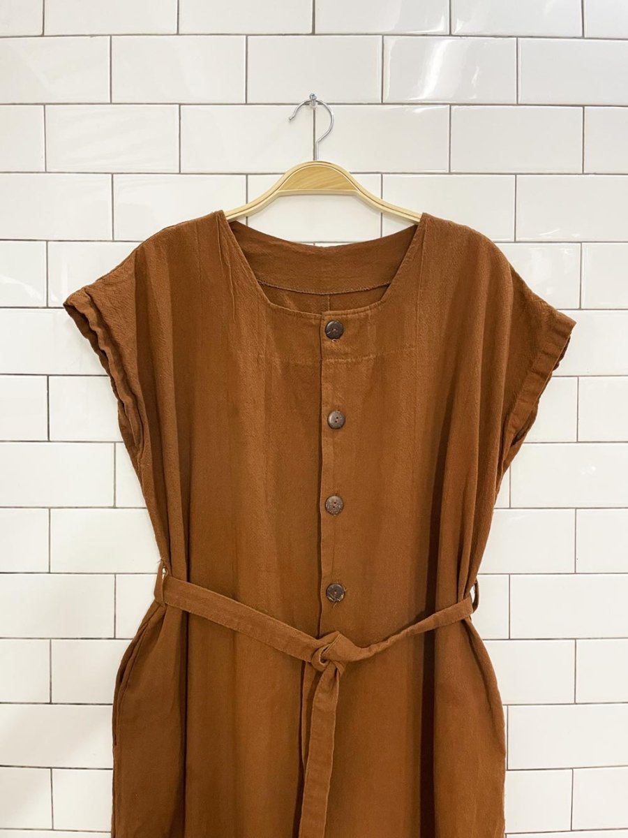 boho textured cotton belted 1/2 button wide leg jumpsuit - good market thrift store