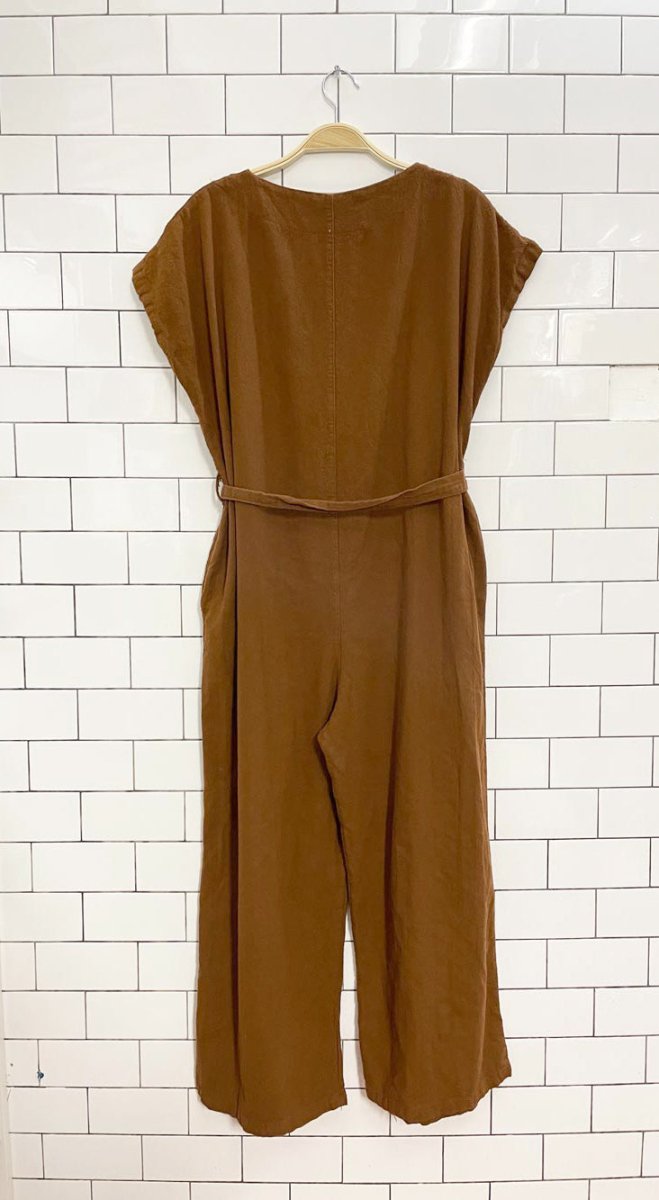 boho textured cotton belted 1/2 button wide leg jumpsuit - good market thrift store