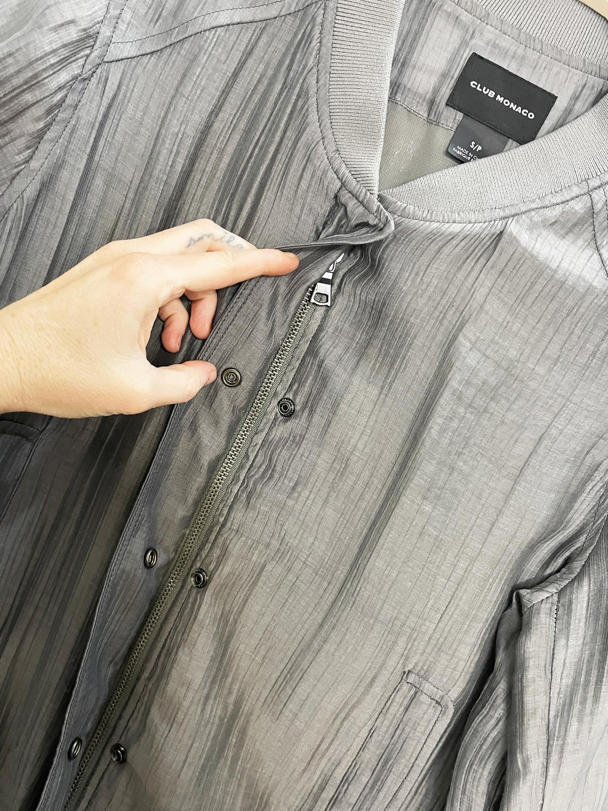 club monaco pleated textured full zip bomber jacket