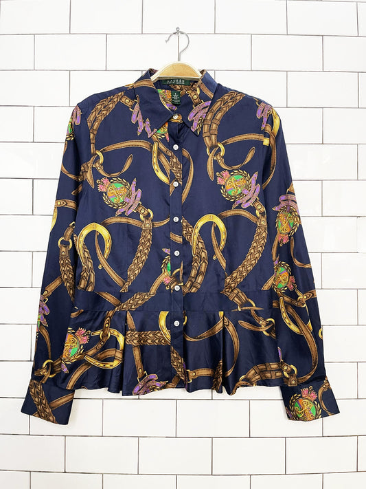 lauren RL peplum hem equestrian print full button shirt | ralph lauren
