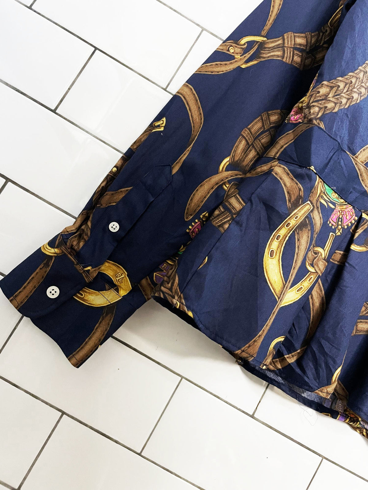 lauren RL peplum hem equestrian print full button shirt | ralph lauren