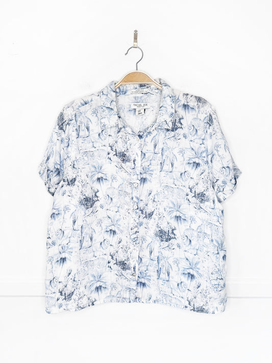 rachel zoe 100% linen jungle print short sleeve shirt