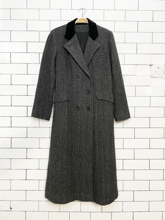 vintage projections 100% wool herringbone tweed + velvet collar double breasted coat | union made in USA