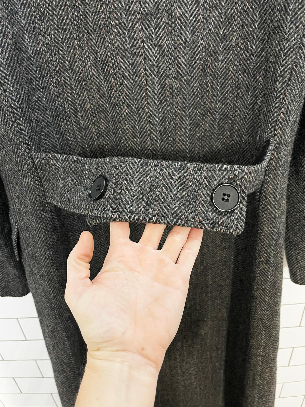 vintage projections 100% wool herringbone tweed + velvet collar double breasted coat | union made in USA