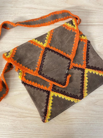 vintage 60s boho granny square crochet suede hippie envelope bag | made in japan - good market thrift store