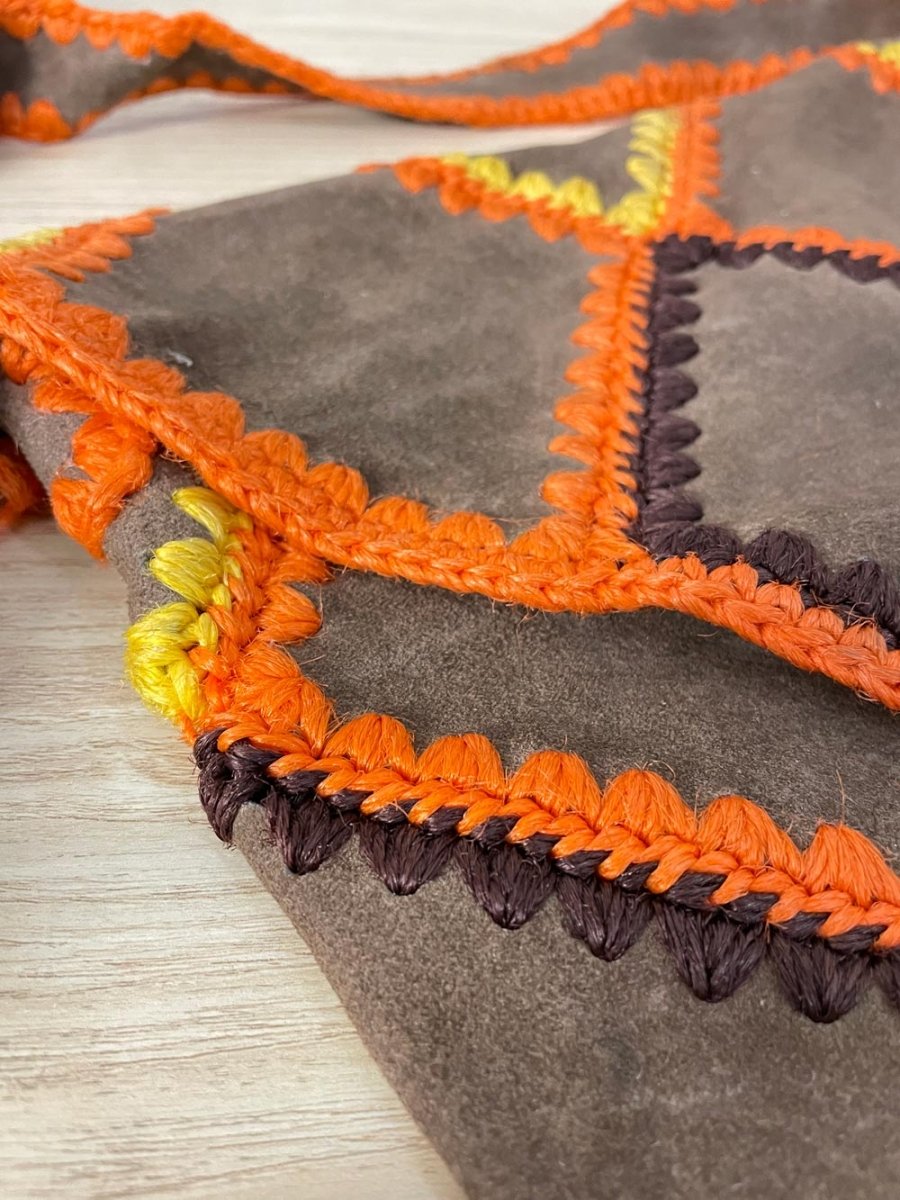 vintage 60s boho granny square crochet suede hippie envelope bag | made in japan - good market thrift store