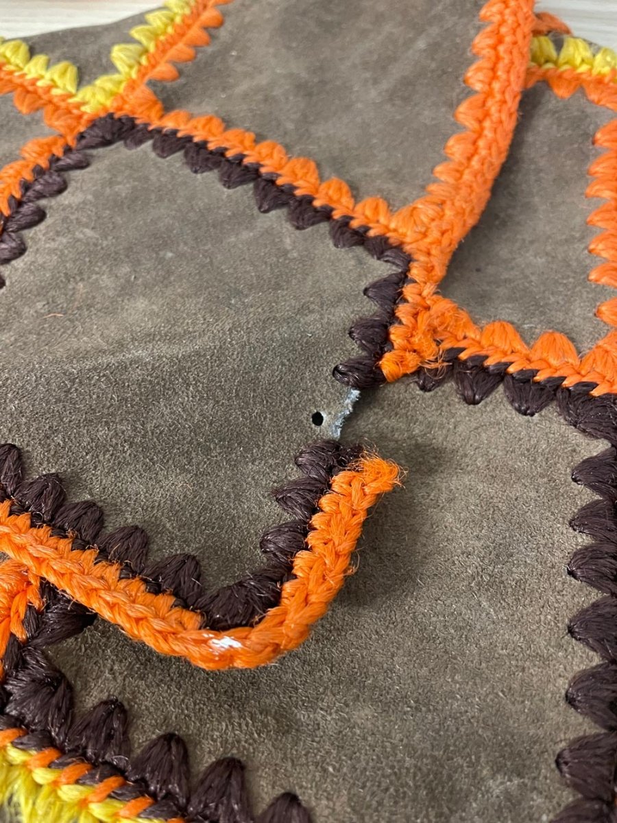 vintage 60s boho granny square crochet suede hippie envelope bag | made in japan - good market thrift store