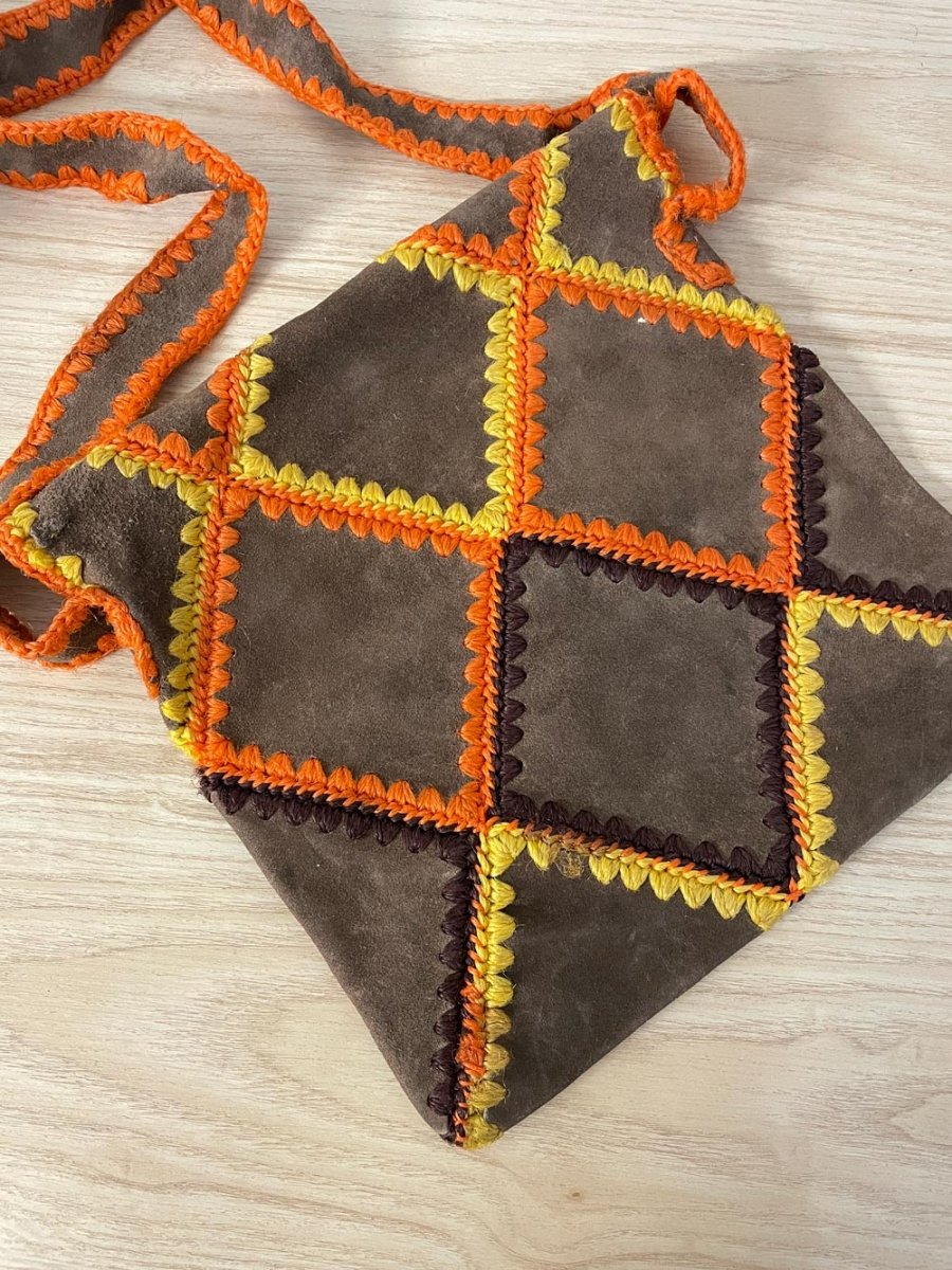 vintage 60s boho granny square crochet suede hippie envelope bag | made in japan - good market thrift store