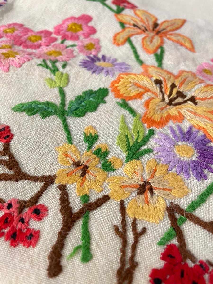 vintage hand - embroidered floral linen table runner - good market thrift store