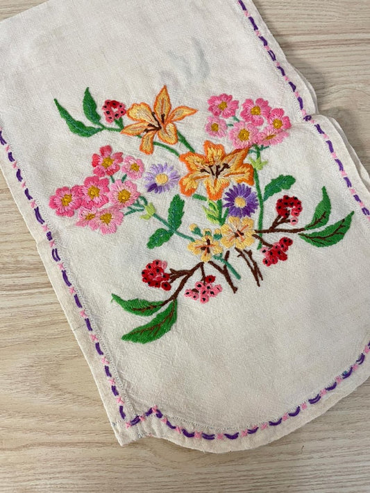 vintage hand - embroidered floral linen table runner - good market thrift store