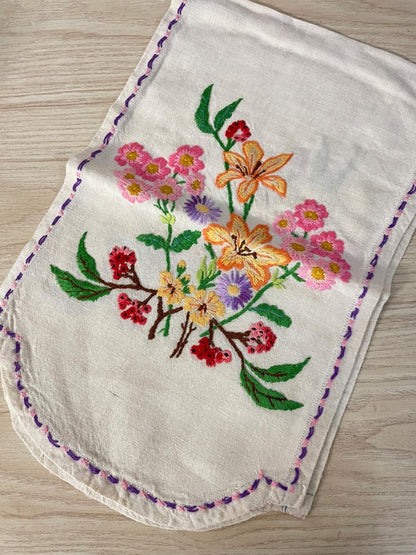 vintage hand - embroidered floral linen table runner - good market thrift store