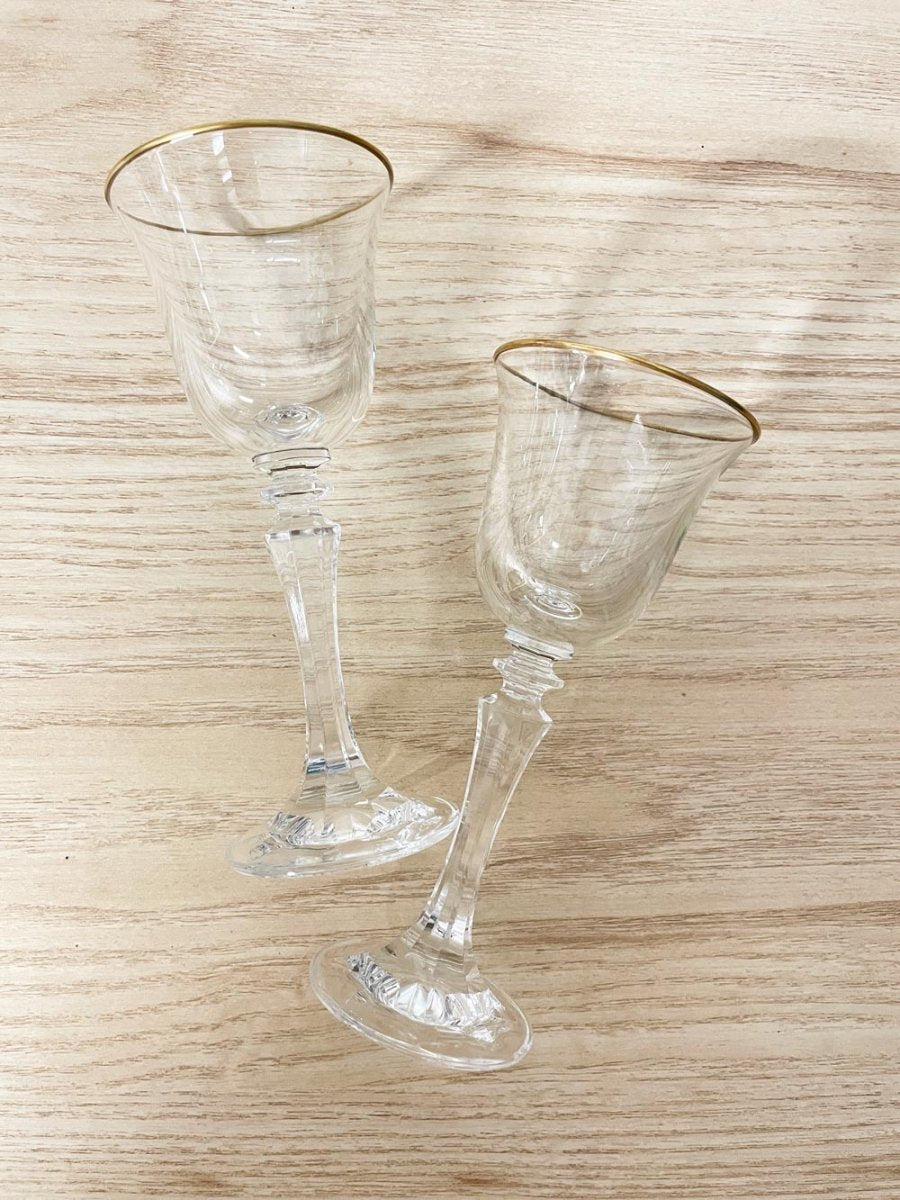 x2 vintage gold rim stemmed crystal shot glasses - good market thrift store