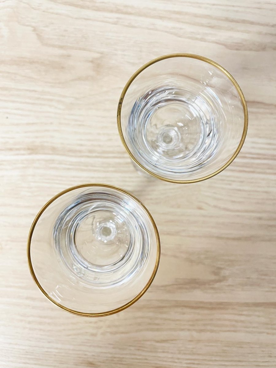 x2 vintage gold rim stemmed crystal shot glasses - good market thrift store