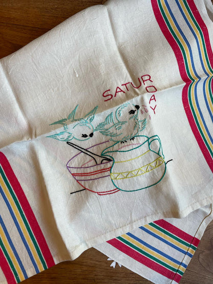 x2 vintage hand embroidered linen dish towels