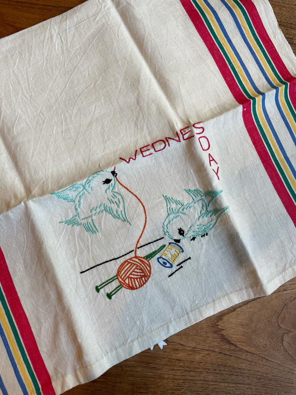 x2 vintage hand embroidered linen dish towels