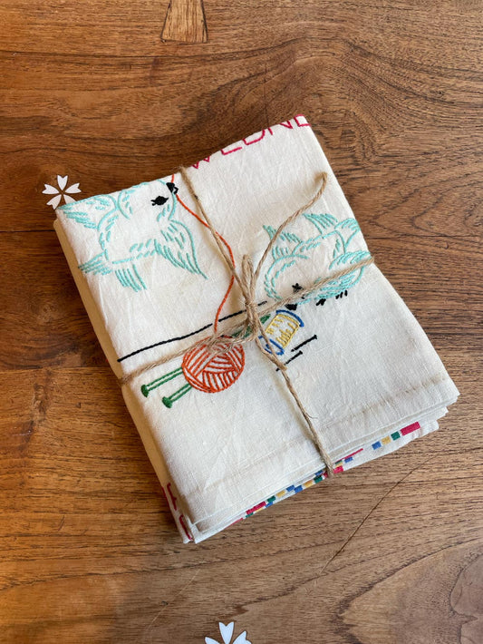 x2 vintage hand embroidered linen dish towels