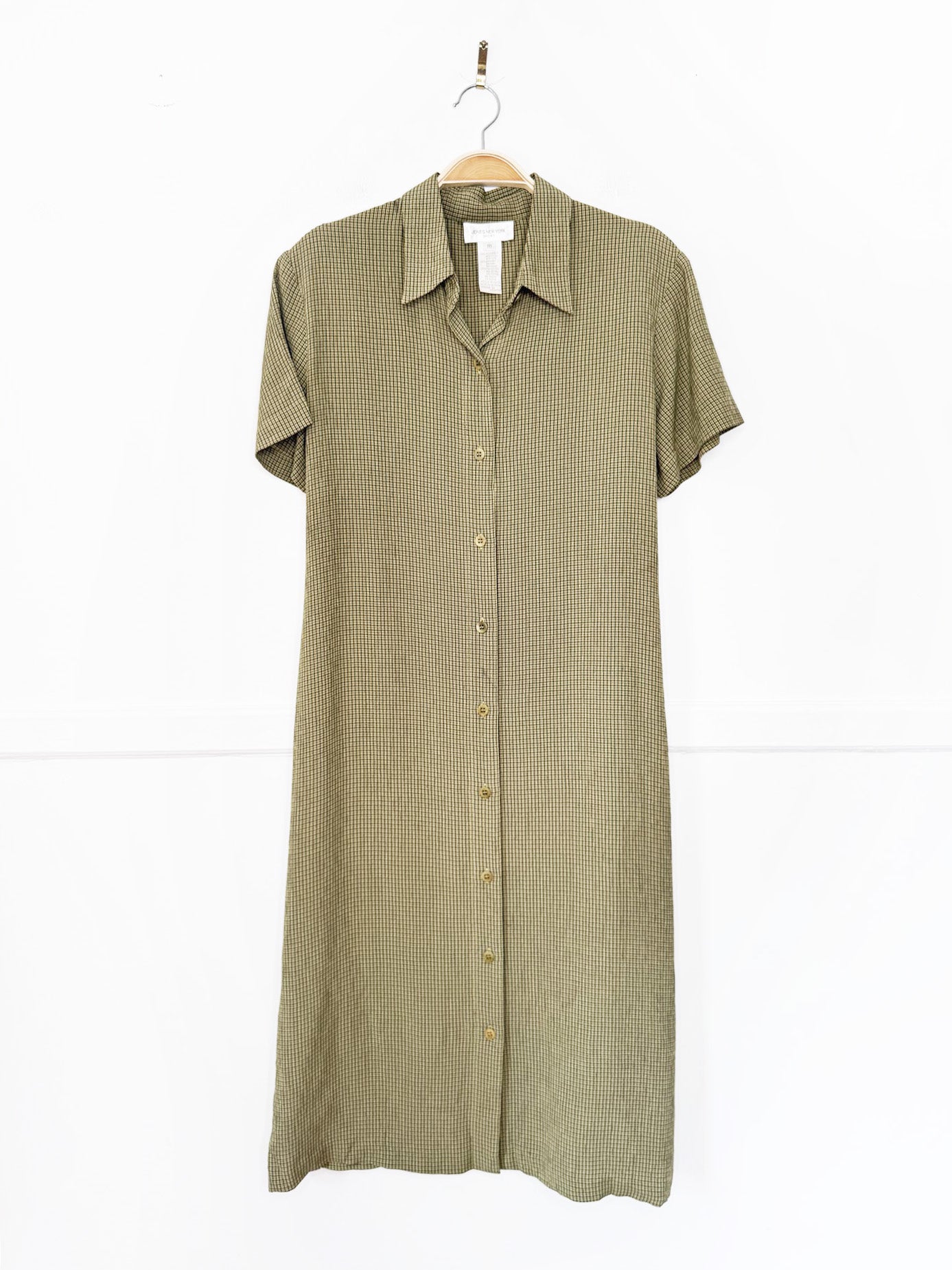 vintage 90s jones new york minimal plaid full button tie back maxi shirt dress