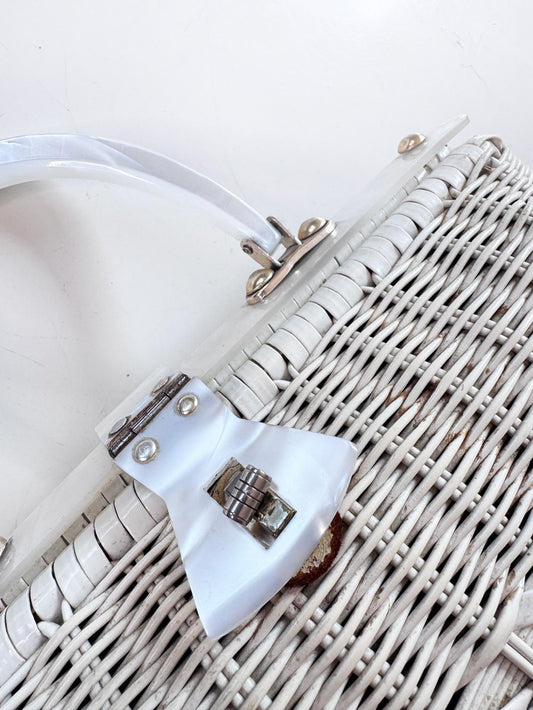 vintage 60s john hart wicker handbag with pearl lucite handle