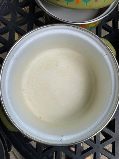 vintage 70s folk floral porcelain enamel cooking set | avacado green | 11 piece set | italy - good market thrift store