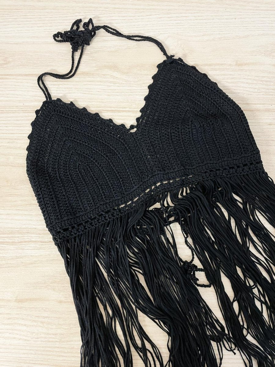 tobi crochet knit halter top with long fringe - good market thrift store
