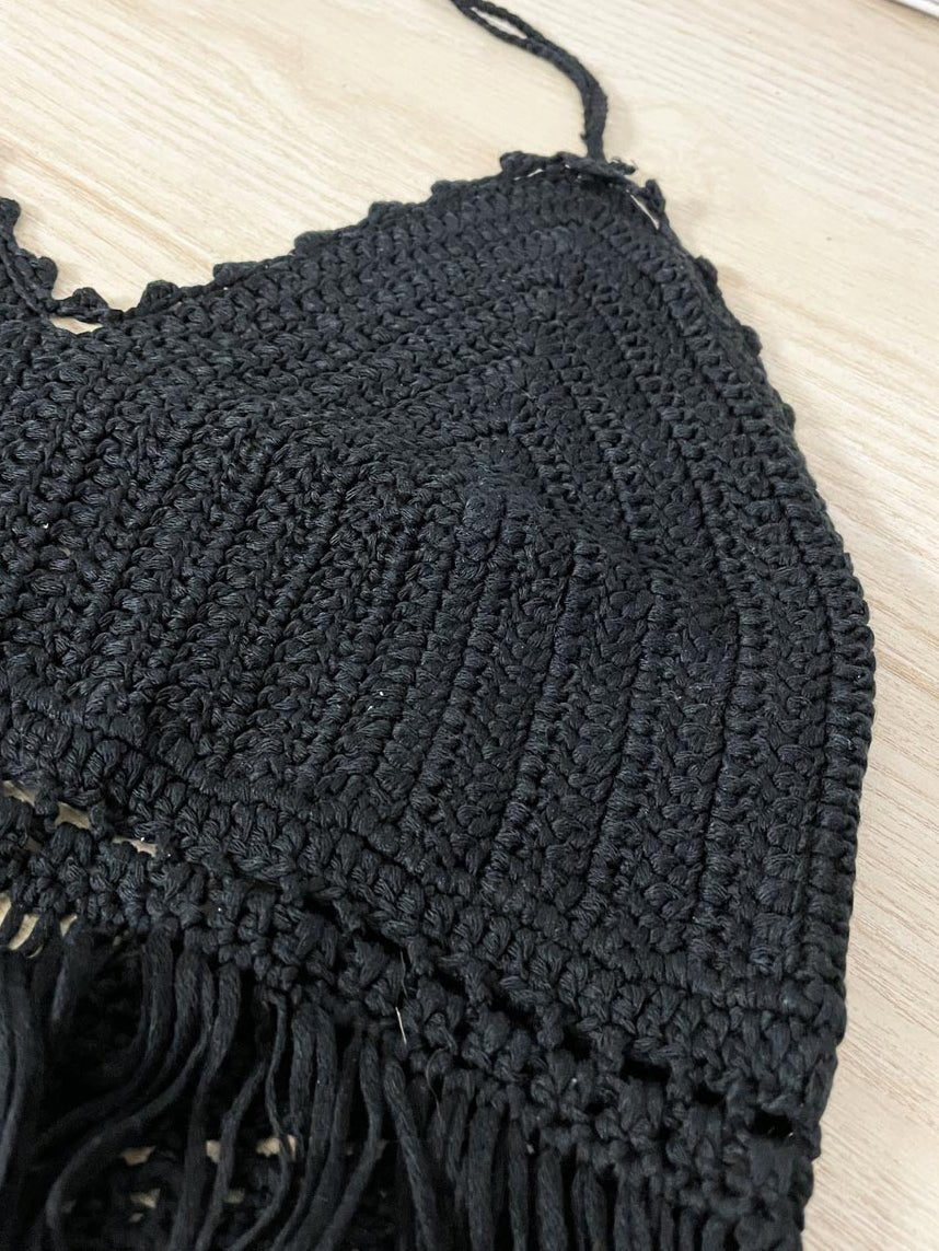 tobi crochet knit halter top with long fringe - good market thrift store