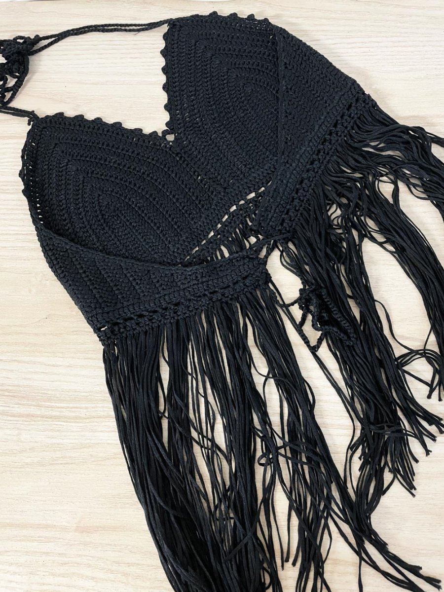 tobi crochet knit halter top with long fringe - good market thrift store