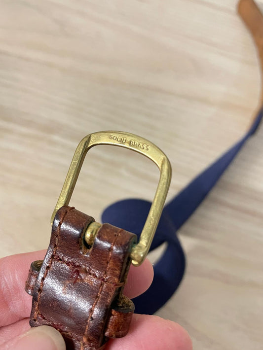 vintage leather trim solid brass stretch belt - good market thrift store