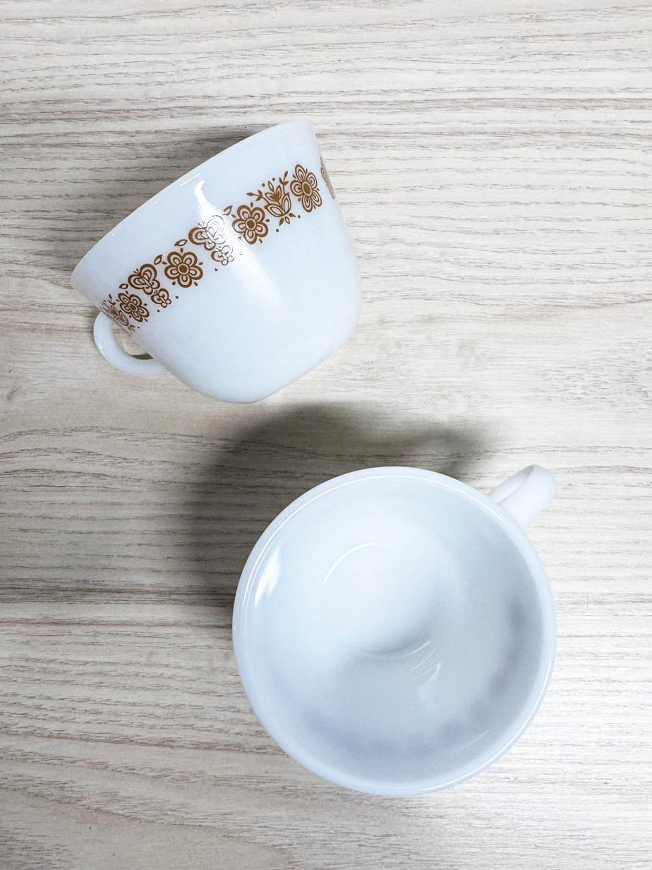 x2 vintage pyrex spring blossom milk glass mugs